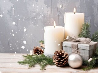 Merry Christmas greeting card: wooden grey shabby chic background with candles. Generated with AI.
