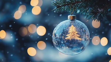 Obraz premium Merry Christmas and Happy New Year. Glass Christmas ornament ball with miniature snow and trees inside, Xmas lights background