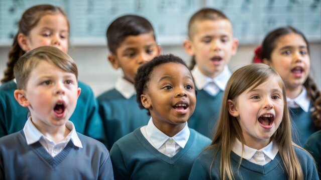 Choral unity with a diverse group of school children singing together, representing the concept of music education.






