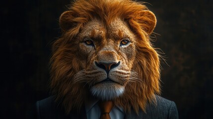 Naklejka premium majestic lion adorned in a business suit confidently posed against a sleek corporate backdrop embodying the strength and authority of leadership in a whimsical yet powerful portrayal