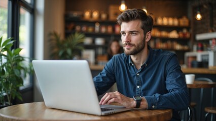 Obraz premium Young man working on a laptop in a cozy cafe, focused and engaged