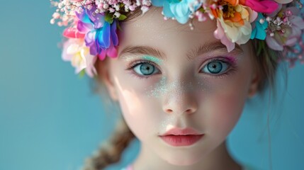 Naklejka premium A young girl with a flowery headband and blue eyes