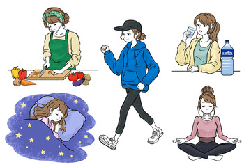 健康的な女性のライフスタイルセット