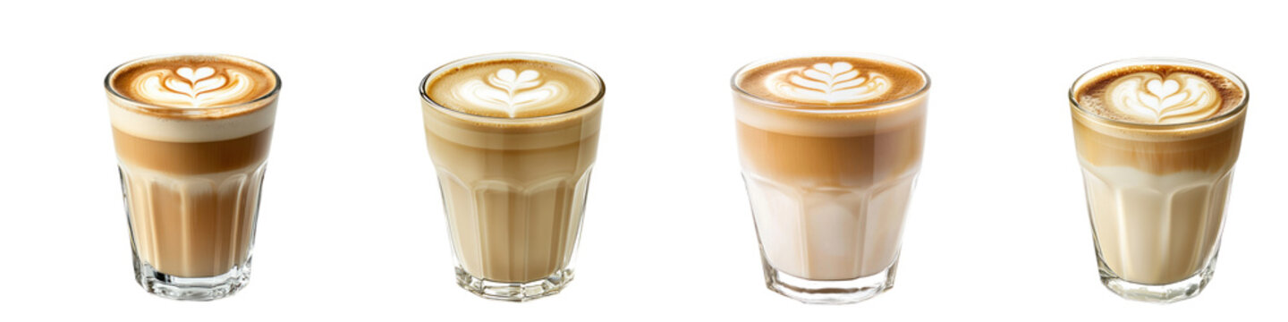 Glass of hot latte with smooth espresso and creamy milk, featuring latte art on top. isolated on transparency background