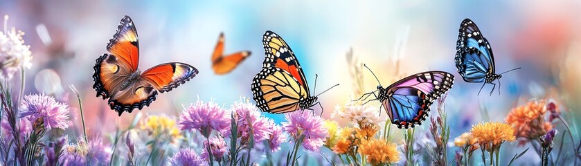 Fototapeta premium Colorful butterflies fluttering over vibrant flowers in a bright meadow, capturing the essence of nature and the beauty of wildlife.