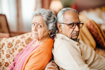 An elderly couple sits back to back on a couch, reflecting tension and distance in their relationship, captured in natural light.