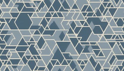 A wallpaper featuring interlocking geometric shapes: triangles, hexagons, and squares in a maze-like pattern with muted greys, whites, and soft blues, accented by vibrant colors.