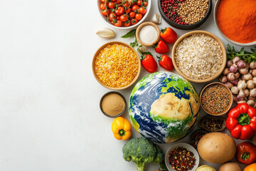 A vibrant collection of healthy foods surrounding a globe, symbolizing global cuisine and nutrition diversity.