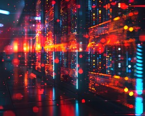 Obraz premium Futuristic Data Center with Glowing Quantum Servers in a Vibrant Neon Lit Network