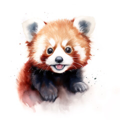 A watercolor painting of a cute red panda over a white background. Portrait with paint splashes.