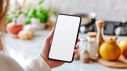 A person holding a blank smartphone in a modern kitchen environment, ready for apps, cooking tips, or fresh recipes.