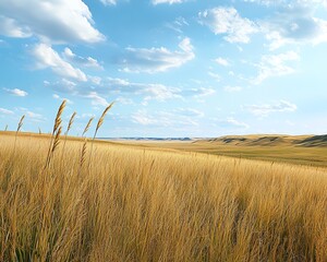 Golden prairie landscape under a bright blue sky with clouds, showcasing tall grass and rolling hills on a sunny day.