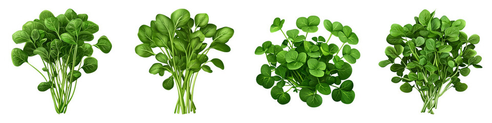 Fresh green leaves displayed in clusters, showcasing various shapes and sizes against a dark background.