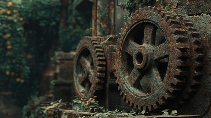 Old rusted gears turning slowly in a forgotten industrial landscape, overgrown with vines and reclaimed by nature.