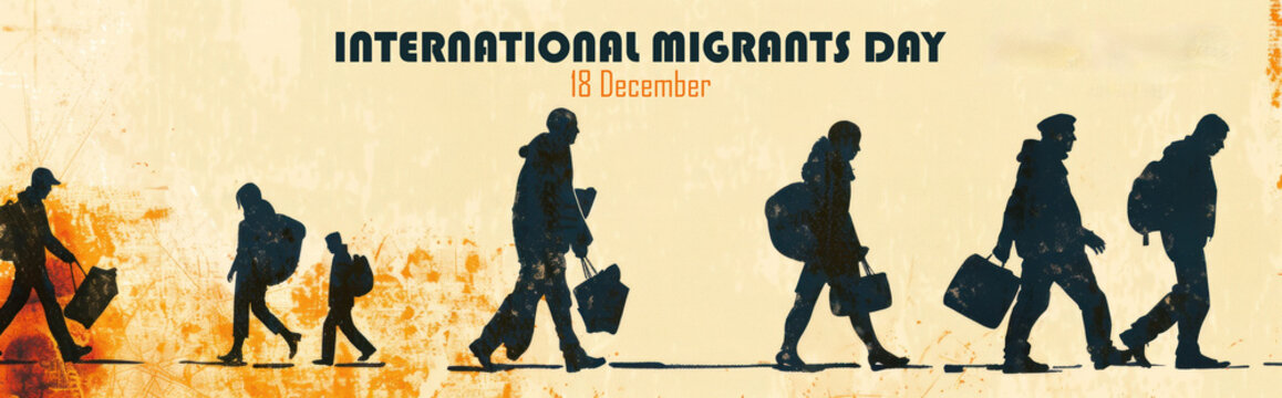 Silhouettes of people with luggage walking together. International Migrants Day