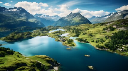 Serene alpine lakes surrounded by majestic mountains and lush greenery under a clear blue sky