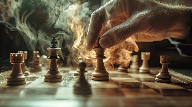 A time-lapse style photo showing the hand of a player rapidly moving pieces in a blitz chess game, capturing the speed and intensity.