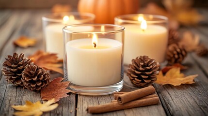 Fototapeta premium Three white candles in glass jars are lit, sitting on a brown wooden surface. Pinecones and autumn leaves are scattered around the candles 