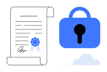 A symbolic document with a blue seal and signature next to a blue padlock above a cloud. Ideal for technology, digital security, certification, data protection, and cybersecurity. Modern flat style