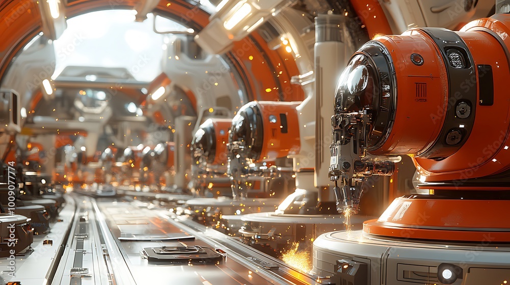 Poster Automated Car Assembly Line with Robotic Arms Working on Sleek Car Frames