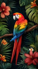 Obraz premium Colorful parrot perched amidst vibrant tropical foliage and flowers.