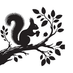 squirrel on a tree branch black silhouette on white background vector art