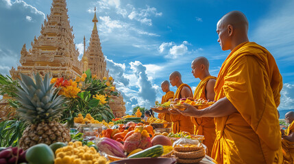 Morning atmosphere at the Phuket Vegetarian festival, monks leading prayers at the big temple, festival participants bringing offerings of vegetables and fruits, Ai generated images