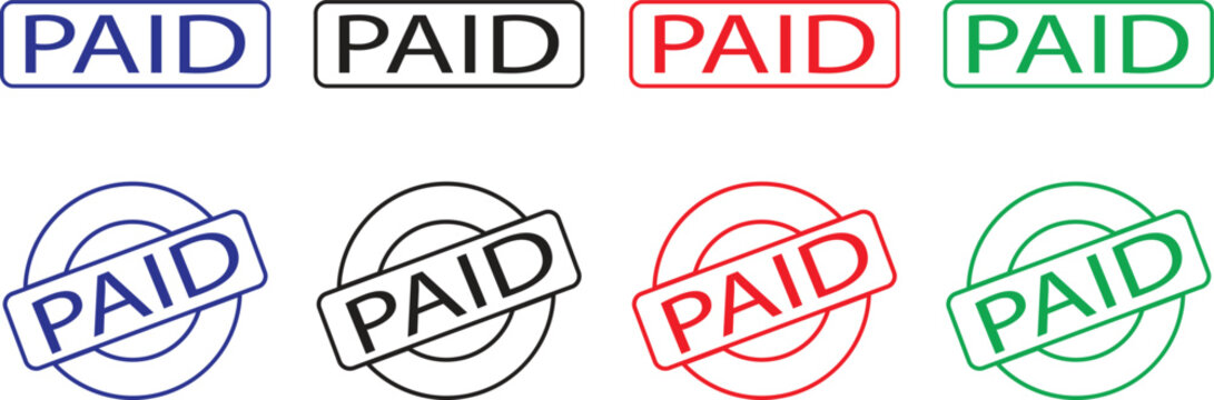 Paid stamp vectors texture design line icons Set for many purposes. Rubber cliche imprint. Stencil business illustration, payment money fee, bank invoice office fee isolated on transparent background.