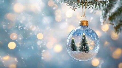 Merry Christmas and Happy New Year. Glass Christmas ornament ball with miniature snow and trees inside, Xmas lights background