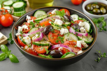 A colorful Greek salad with tomatoes, cucumbers, red onions, Kalamata olives, feta cheese, and a sprinkling of oregano.