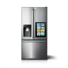 A modern stainless steel refrigerator with a touchscreen display and water dispenser.