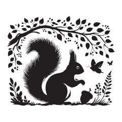 Obraz premium squirrel on a tree branch black silhouette on white background vector art