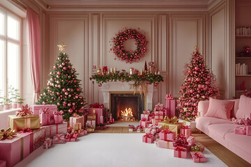 A festive living room adorned with pink and gold Christmas decor and gifts for the holidays