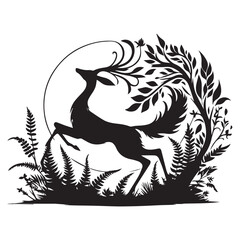 Deer in nature trees forest hunting black silhouette vector