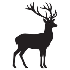 Obraz premium Black silhouette of a deer. Big horns wild animal. Simple black silhouette graphic. Cartoon style. Vector illustration on white isolated background