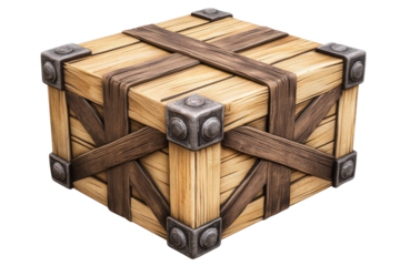 A detailed wooden crate with metal accents, ideal for storage and transport themes.
