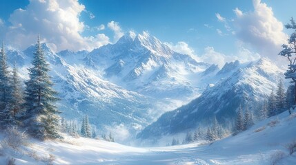 Obraz premium majestic snowy mountains rise against a serene sky pine trees dotting the landscape embodying the tranquility of a winter wonderland