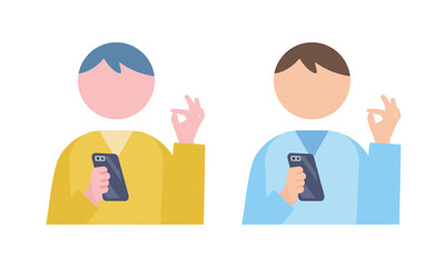スマホを持つ男性　ハンドサイン