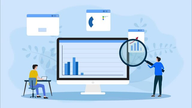 2D Motion graphics,Tilt down of  businessman showing colleagues ideas on laptop and discussing work in conference room. Flat cartoon colorful vector illustration.
