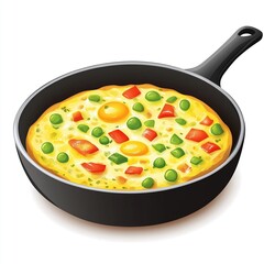 A colorful omelette with vegetables and eggs in a frying pan, ready to be served.