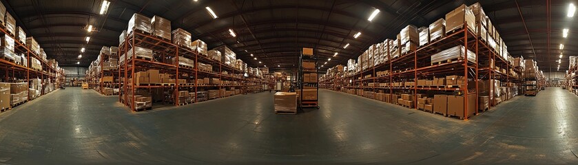 Obraz premium Wide-angle view of a large warehouse, tall shelves stocked with neatly organized cardboard boxes