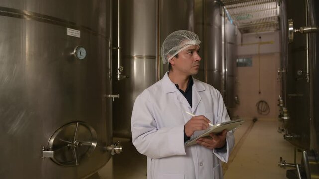 Professional winemaker controlling wine making process and quality at winery factory