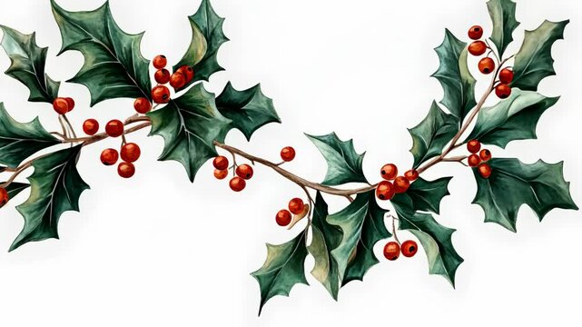 A watercolor painting of a holly branch with red berries