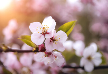 Obraz premium Delicate cherry blossoms in bloom capturing the beauty of springtime in a serene garden at sunset