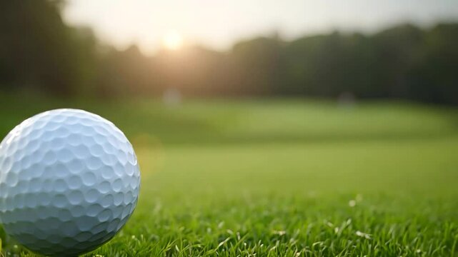 Golf Ball on Green Grass with Sunset in the Background