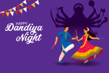 Couple performing dandiya and dancing garba sale and promotion advertisement background