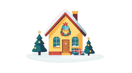 Flat Village House Icon for Christmas, Cozy Holiday Home Design, PNG File, Transparent Background.