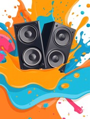 Vibrant splashes of color surround two black speakers. Music event posters or tech advertisements.