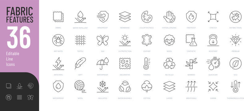 Fabric Features line Editable Icons set. Vector illustration in thin line modern style of textile related icons: thermo, recycled, bamboo, and more. Isolated on white