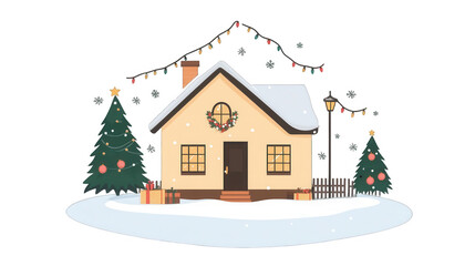 Flat Village House Icon for Christmas, Cozy Holiday Home Design, PNG File, Transparent Background.